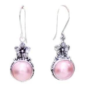 Sterling Silver and Pearl Floral Dangle earrings, Pink Frangipani, New